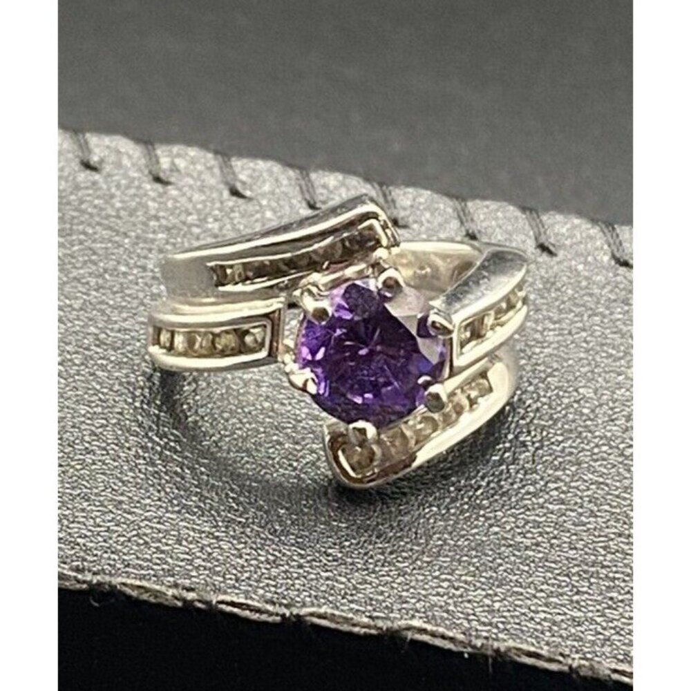 Amethyst Silver Tone Bypass Ring 2 Rows of CZ's Chunky 6.9 grams Size 6 - Picture 2 of 7
